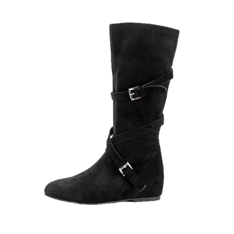 Spot new long boots with an inner height of 5cm, Korean fashionable buckle design, stacked medium boots, thin boots
