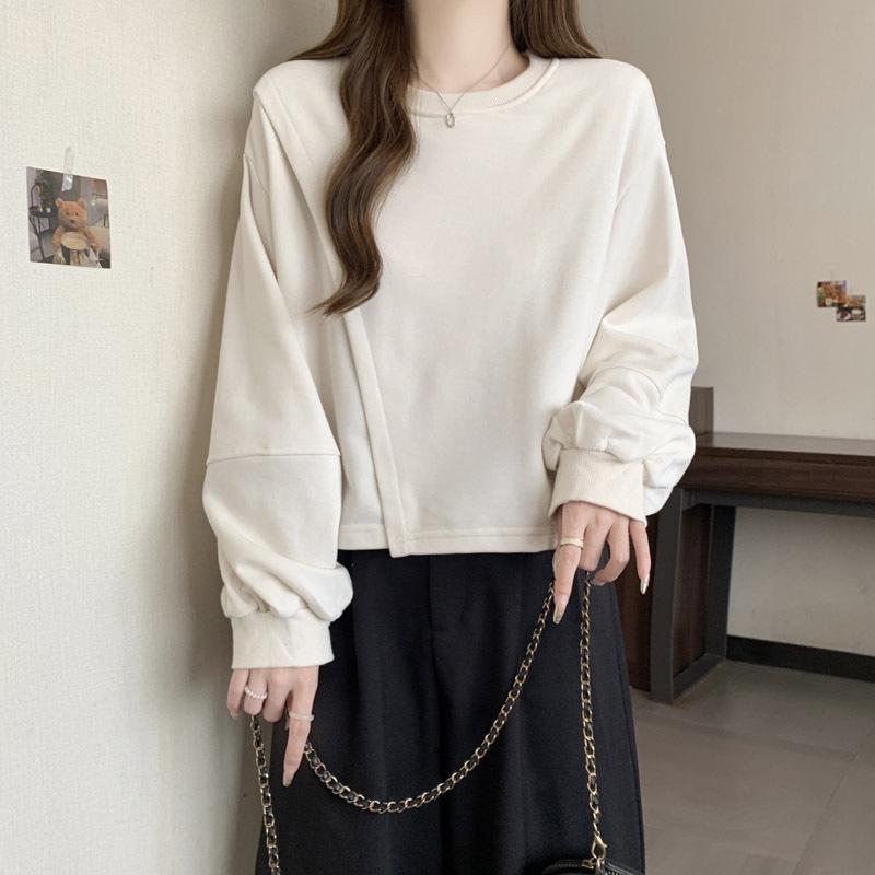 Women Loose Short Length Crew Neck Long Sleeve Casual Pullover Sweatshirt