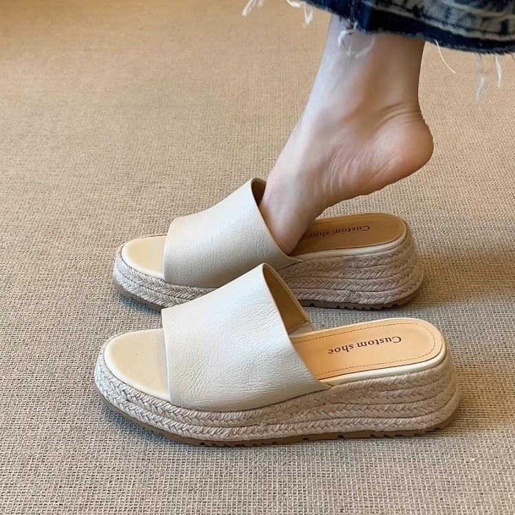 Soft Leather Version~ Straw Wedge Heel Sandals Women's 2025 Summer New Casual Outer Wear Open-toed Thick-soled One-word Slippers