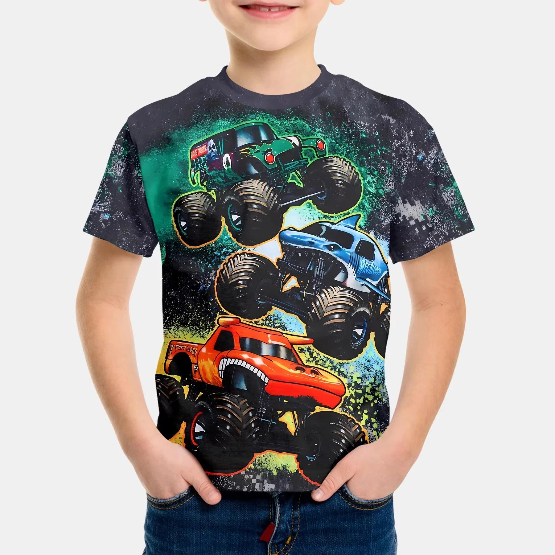 

Cartoon Big Wheel Car Print Short Sleeve Fashion Simple Top Casual T-Shirts Boys 170