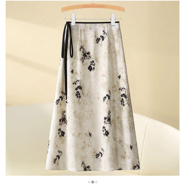 Summer Women's Jacquard Satin Skirt Slimming Casual Printed Mid-skirt Temperament Versatile Chinese Style Skirt