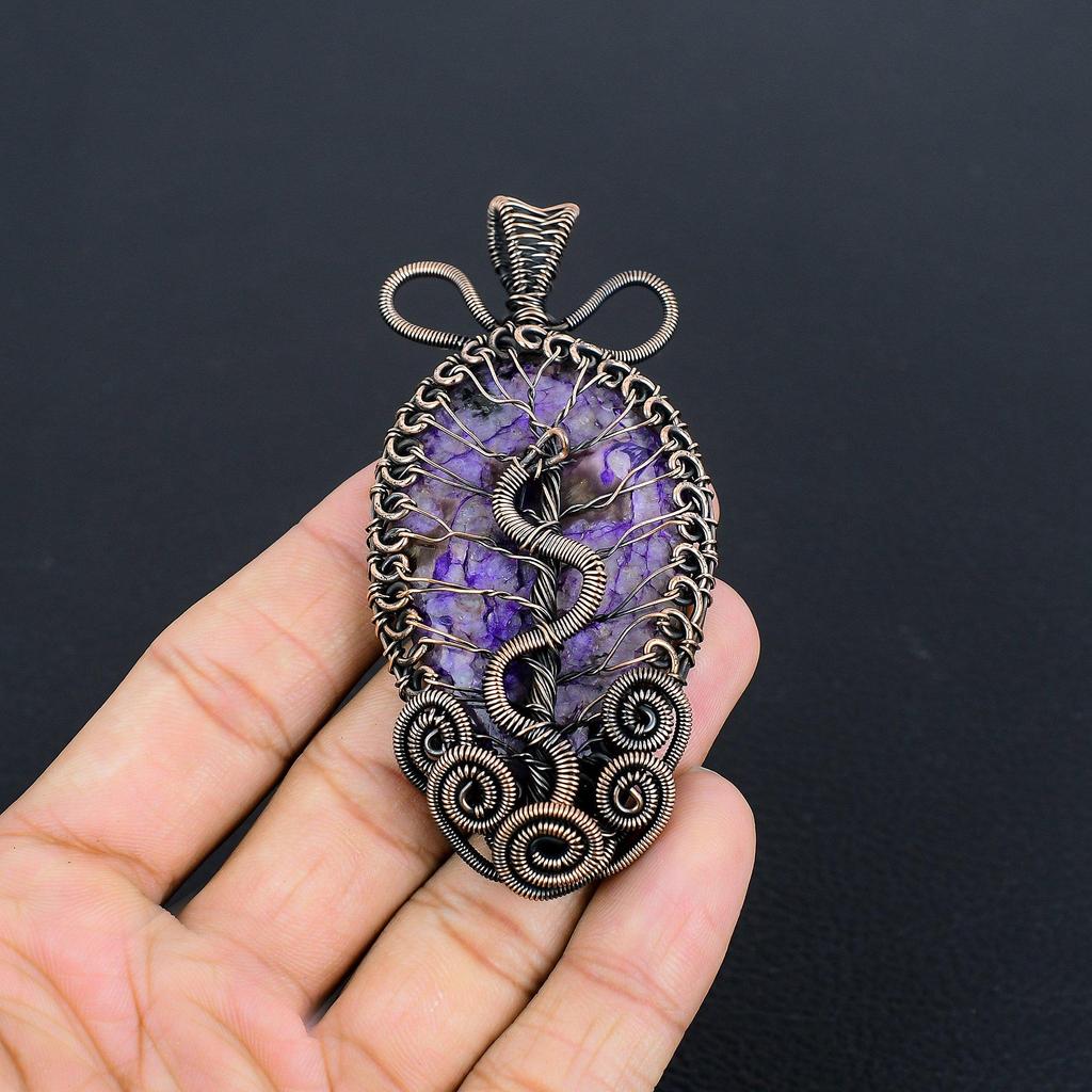 Charoite Handmade Gemstone Pendant, 999 Copper Wire Wrapped Pendant Antique Jewelry, For Engagement Gift