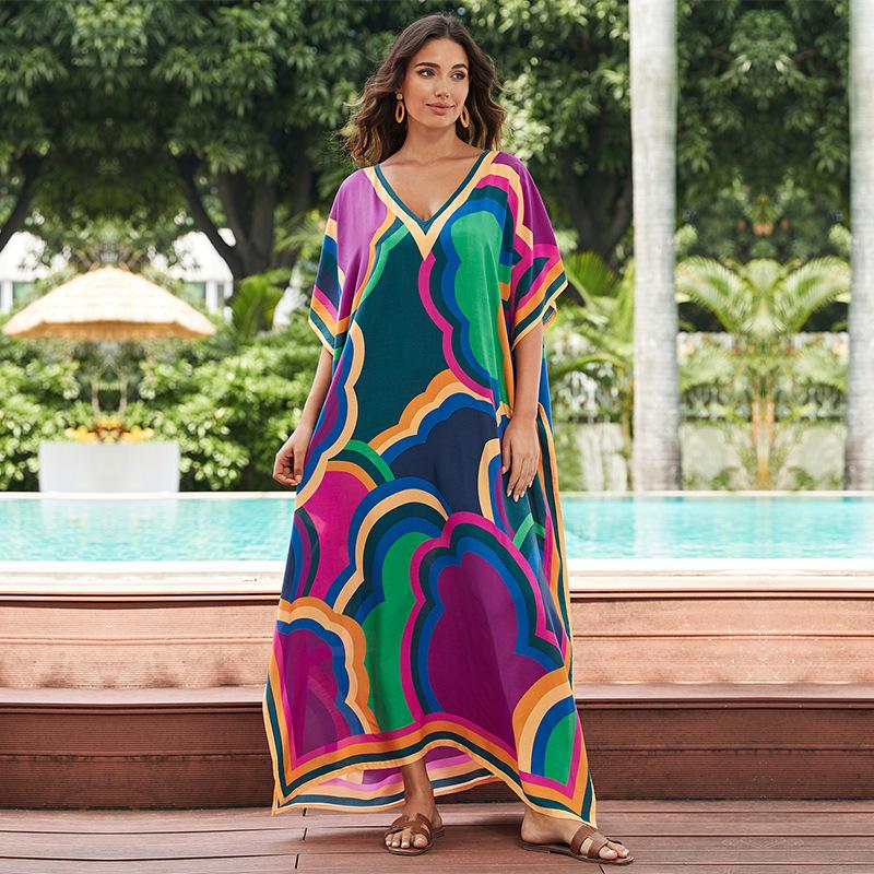 Luźny bawełniany szlafrok z nadrukiem w dużym rozmiarze - okrycie na wakacje na plaży dla kobiet