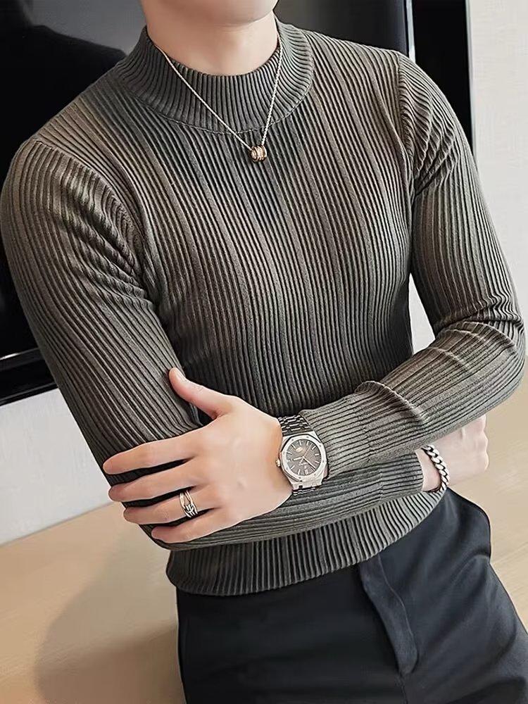 

2026 Men s Striped Slim-Fit Knitwear: Autumn/Winter Long-Sleeved Half-High Neck Base Layer XL зелений