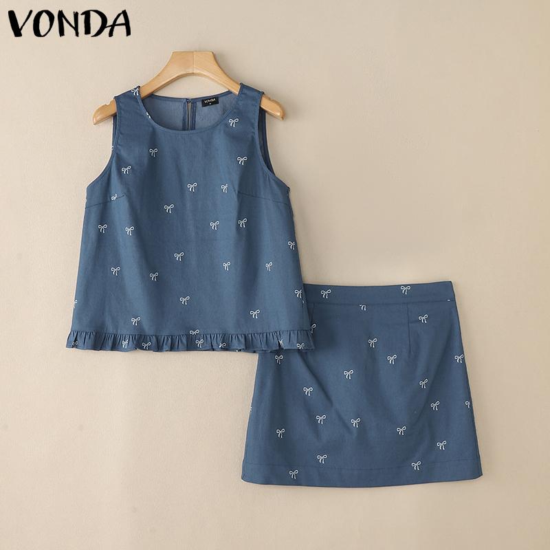 VONDA Seturi Maieuri Femei Gât O Imprimeu Topuri Fără Mâneci și Fuste Mini A-line Costume Ținute