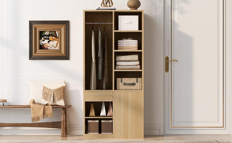 Wardrobe 70 × 50 × 170 Cm, with Multiple Drawers, Multi-tier Shelves, Generous Storage Space, Large Clothes Rail, Wardrobe for One Person, Wood Color