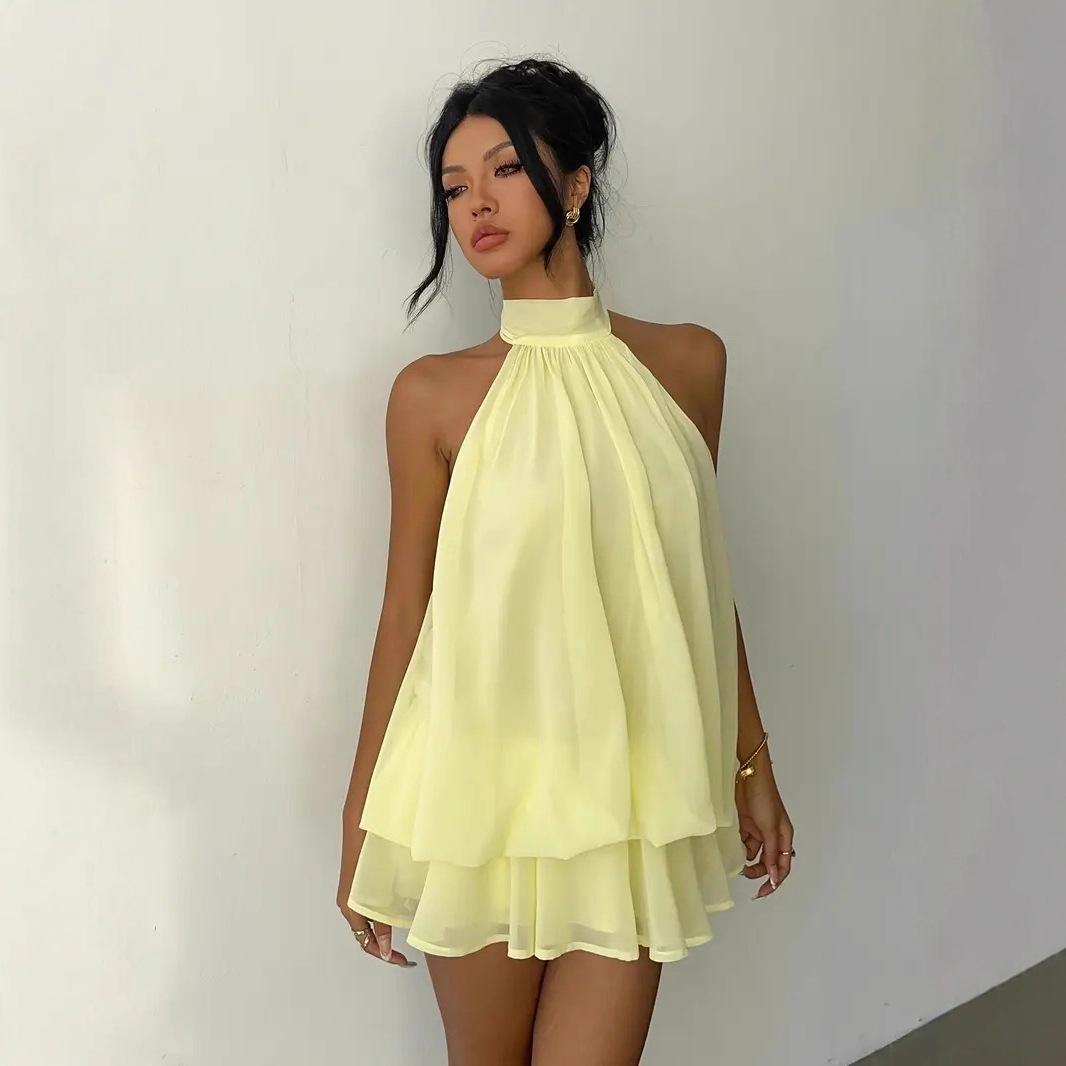 

Spicy Girl Halter Tie Backless Crop Top & Fluffy Short Skirt Set XXL жовтий