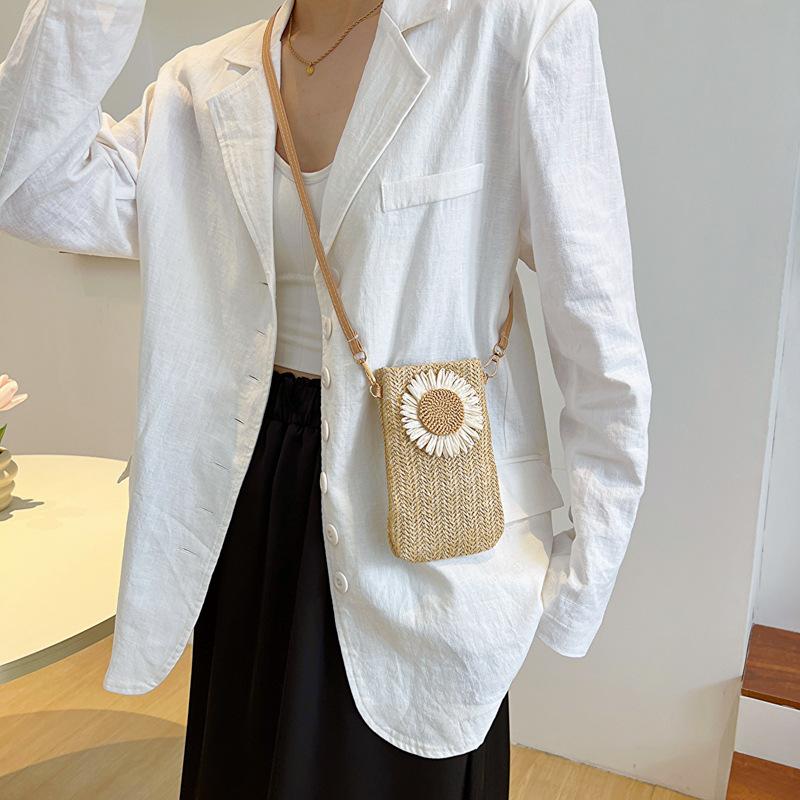 Straw Bag Women's Mobile Phone Bag Eco-friendly Forest Style Vertical Casual Bag Antique Style Single Shoulder Crossbody Woven Bag