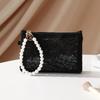 Lace Cosmetic Bag With Pearl Wrist Strap And Semi Transparent Design Perfect For Daily Makeup Storage Travel Use