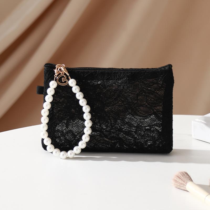 Lace Cosmetic Bag With Pearl Wrist Strap And Semi Transparent Design Perfect For Daily Makeup Storage Travel Use