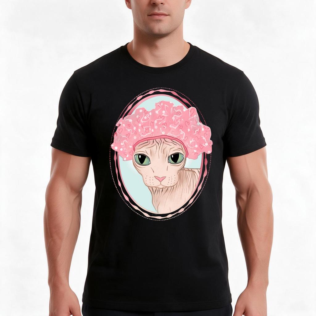 Hairless Sphynx Cat Wearing A Pink Shower Cap Tshirt Summer Casual Cotton Tee Oversized Streetwear Tops Unisex Unisex Unisex