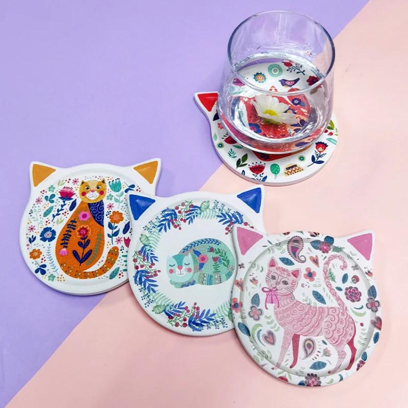 Cute Cat-shaped Ceramic Coaster Heat Insulation Pad Table Water Cup Holder Coffee Cup Non-slip Mat
