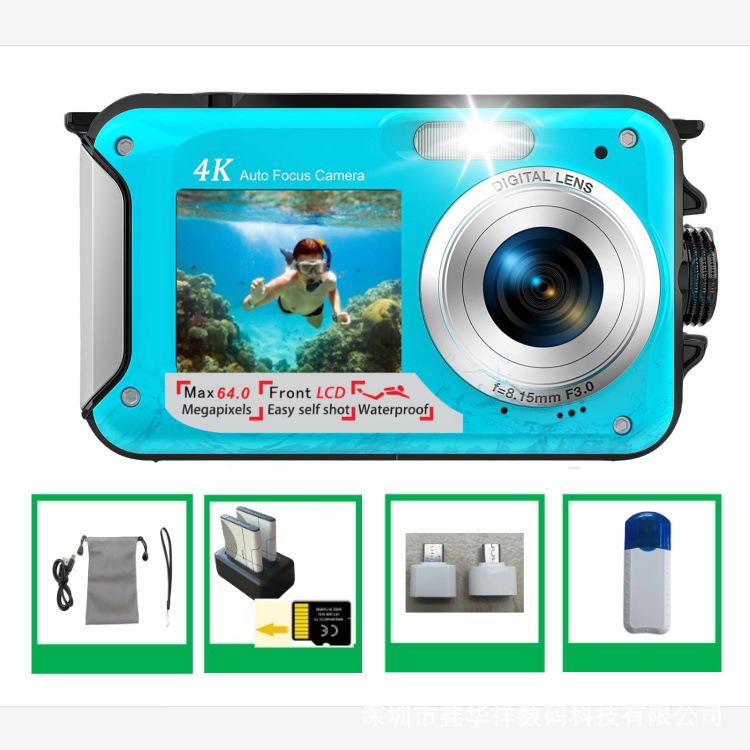 4K Underwater Camera, 64MP Autofocus, Waterproof with HD Dual Screens for Selfies