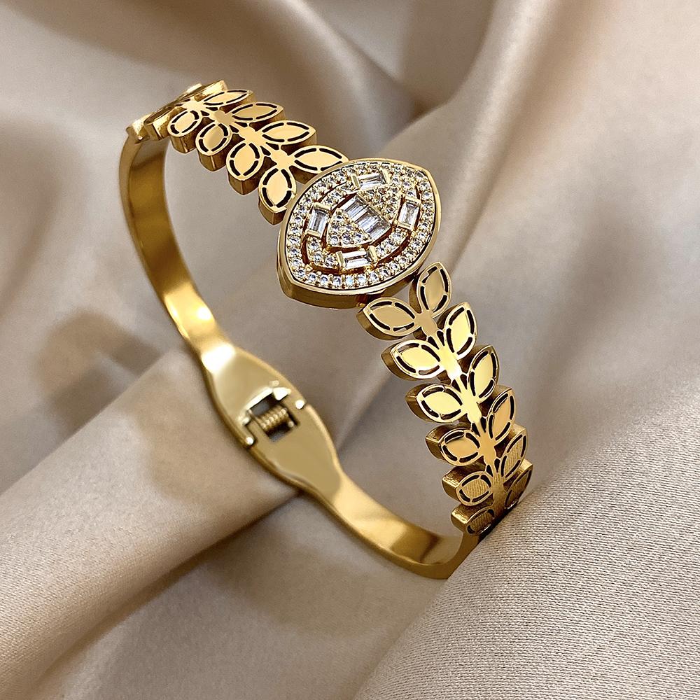 Stainless Steel Bangle Bracelet Inlay Luxury Rhinestones Gorgeous Synthetic Zirconia Geometric Oval Square Stars Shape for Women