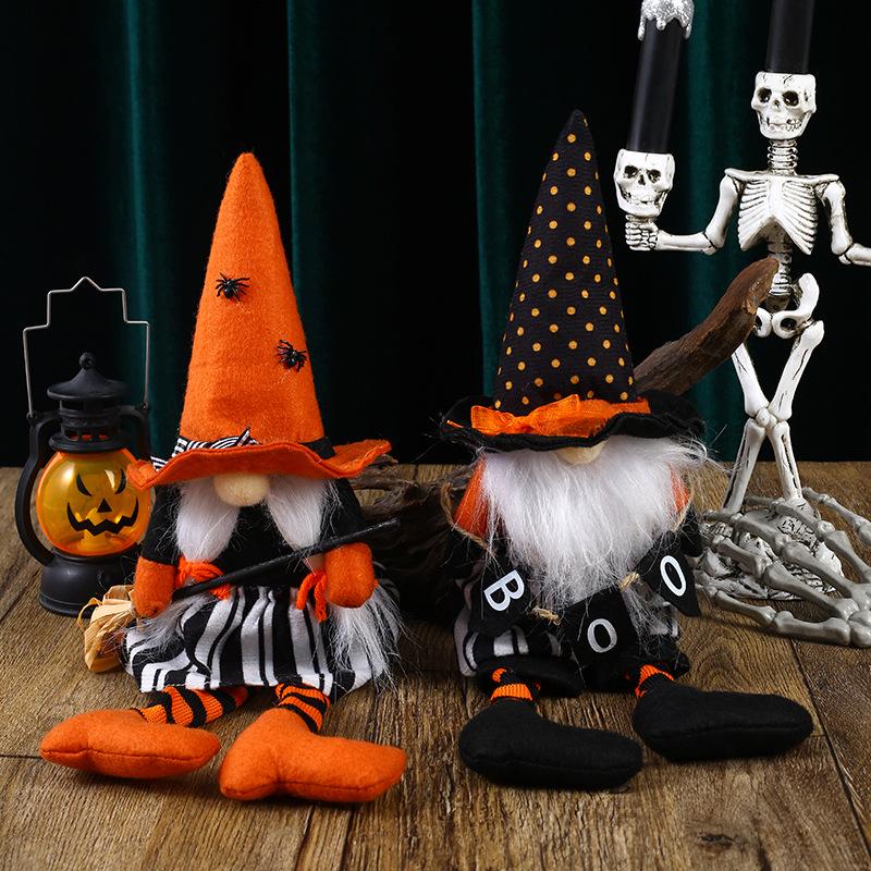 Halloween Witch Gnome Broom Decoration with Black Hat and Long Legs Pumpkin Ornament