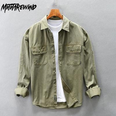 Chemises cargo de style japonais pour hommes, printemps-automne, vêtements pour hommes, pur coton, manches longues, haut ample, streetwear, décontracté, pour jeunes