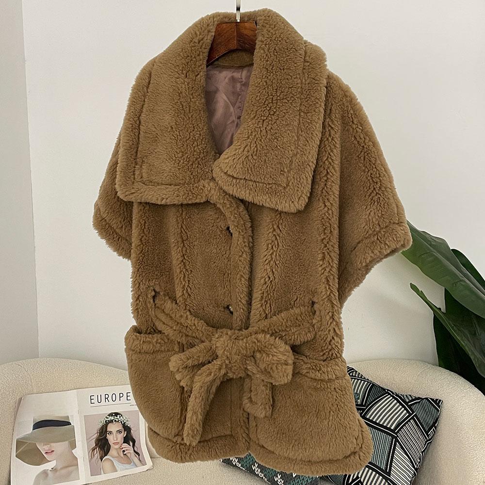 OFTBUY Winter Women Vest Jacket Real Lamb Cashmere Wool Fur with Belt Coat Turn-down Jacket Warm Plush Thick Pocket Elegant Casual