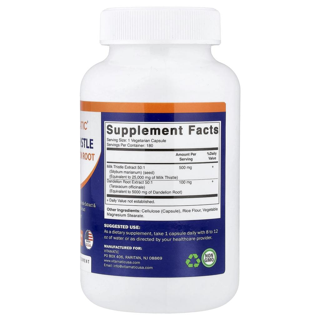 Vitamatic Milk Thistle + Dandelion Root, 180 Veggie Capsules