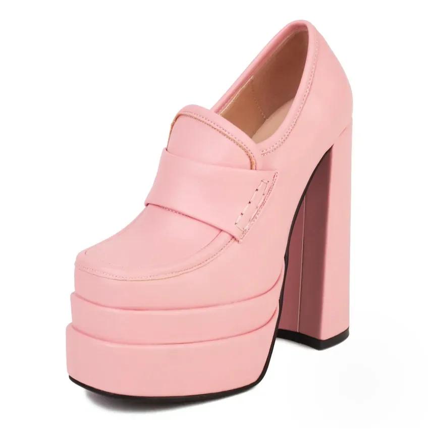 Women High Chunky Heel Platform Loafers Rosy Pink White Microfiber Party Club Lady Slip-on Square Toe British Thick Bottom Pumps