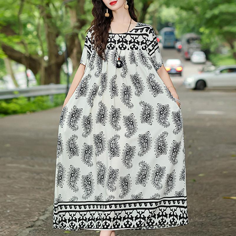 Elegant Summer Loose Dress Woman Vintage Clothes Plus Size Casual Short Sleeve Long Dresses