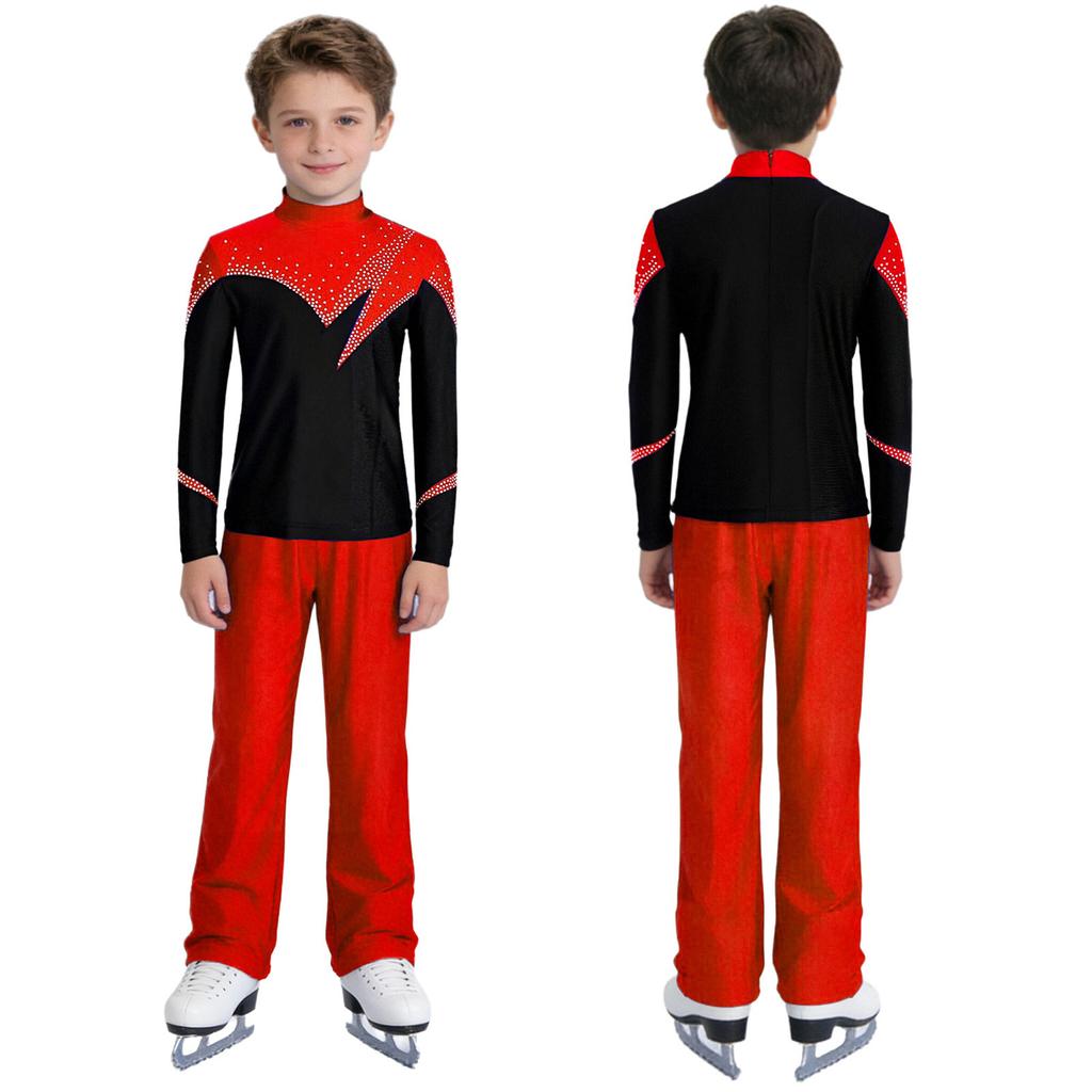 Kids Boys Figure Skating Outfit Mock Neck Long Sleeve Back Invisible Zipper Color Block Shiny Rhinestones Top with Elastic Waistband Pants Competition