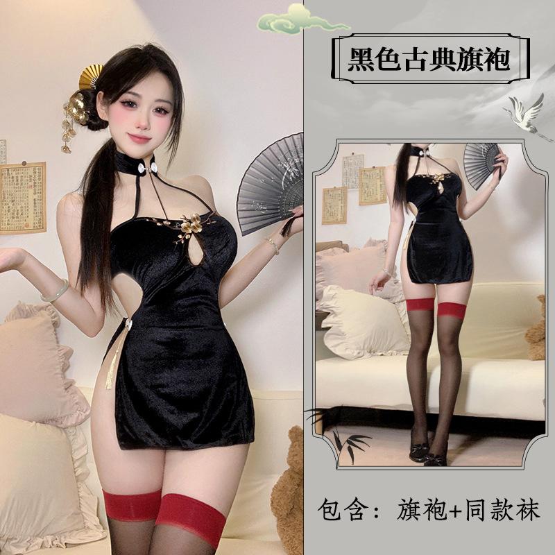 Sex underwear sexy Chinese neck plum blossom embroidery chest high slit naked back retro cheongsam woman