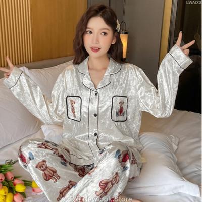 Cartoon Bear Autumn and Winter Pajamas Women's Golden Velvet Lapel Cardigan Long Sleeve Trousers Simple Casual Home Clothes