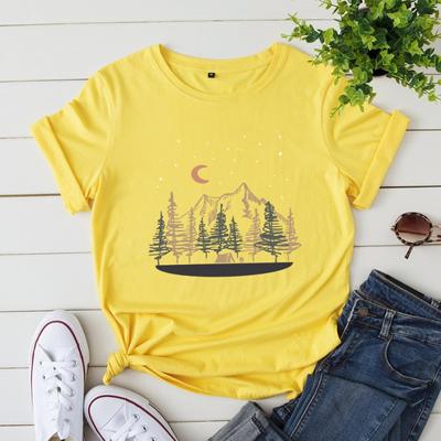Summer Women's Loose Round Neck Pure Cotton Landscape Mountain Short Sleeved T-Shirts Women’s