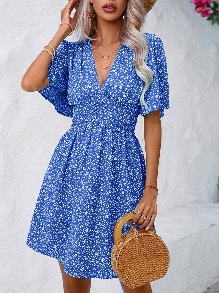 Women's Summer New V-Neck Sleeveless Printed High Waist Floral Ruffled Dress