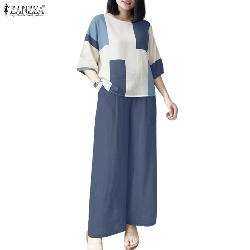 ZANZEA Women 3/4 Sleeve Print Blouse and Pants Casual Two Piece Suit Sets