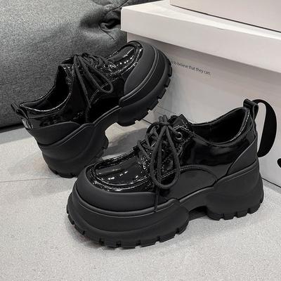 Stylish Leather Shoes Thick Bottom Increased Autumn Lace-up Muffin Black Loafer Shoes All-Matching