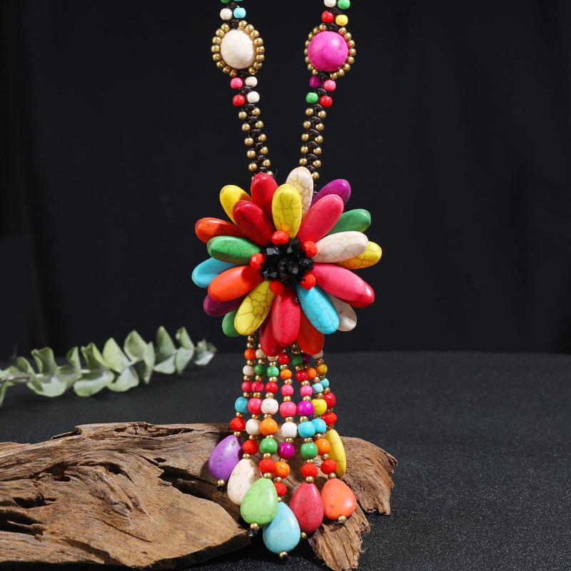 

Винтажное длинное бирюзовое ожерелье с цветком ручной работы с бахромой, универсальная цепочка для свитера, простые аксессуары для отпуска