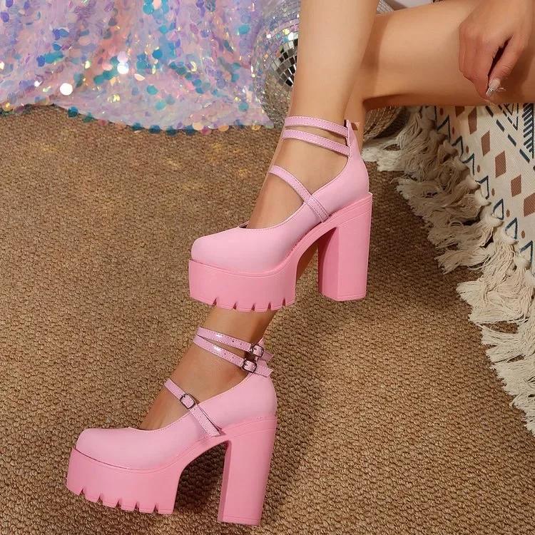 

Мэри Джейн Женские туфли-лодочки Модные сексуальные туфли на толстом каблуке 14 см Женские туфли на высоком каблуке с ремешком на щиколотке Большого размера Туфли для вечеринки Mujer 40