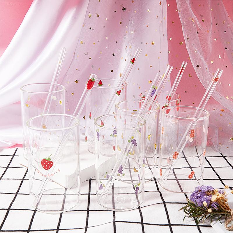 300 ml jahodový roztomilý severský skleněný hrnek se slámovým mlékem, tepelně odolný skleněný hrnek