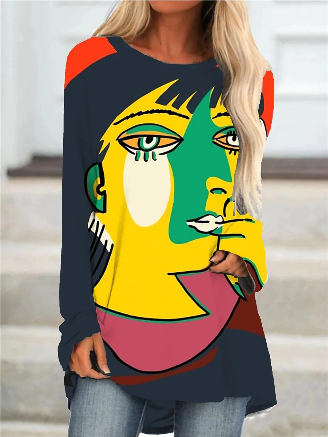 

Женская футболка больших размеров на весну, удобная, с длинным рукавом и круглым вырезом, повседневная, свободного кроя, средней длины, с геометрическим принтом. 8XL жёлтый