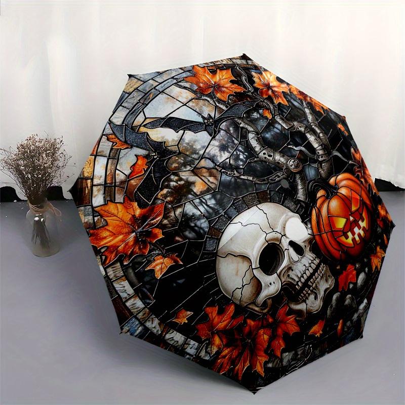 Halloween Skull & Pumpkin Stained Window PanelUmbrella, Portable 3-Fold Compact Umbrella,Christmas Gift ES636