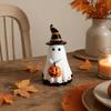 Yousheng Halloween Ghost Figurine with Witch Hat, Cute Small Resin Ghost Holding Pumpkin Statue for Home Table Shelf Desk Decor