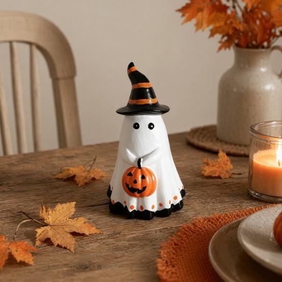 Yousheng Halloween Ghost Figurine with Witch Hat, Cute Small Resin Ghost Holding Pumpkin Statue for Home Table Shelf Desk Decor