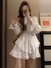 Elegant White Waist-Cinching Long-Sleeve Dress for Women with Puffy Skirt - Perfect for Spring and Autumn