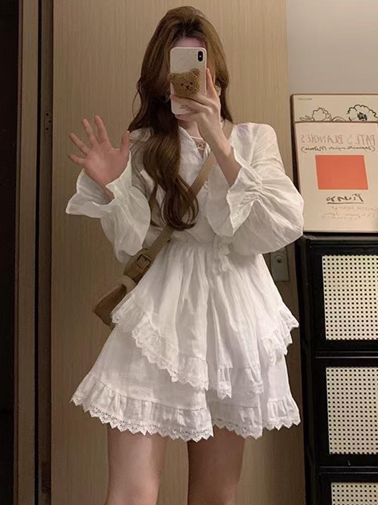 Elegant White Waist-Cinching Long-Sleeve Dress for Women with Puffy Skirt - Perfect for Spring and Autumn