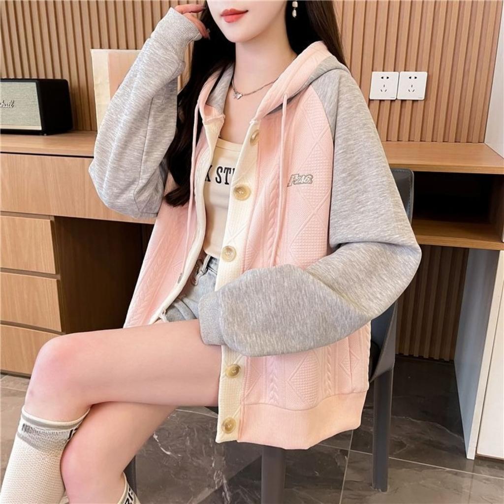 Color Blocked Hooded Jacket for Women In Plus Size, Spring and Autumn New Thin, Medium and Long Single Breasted Patchwork Hoodie for Women