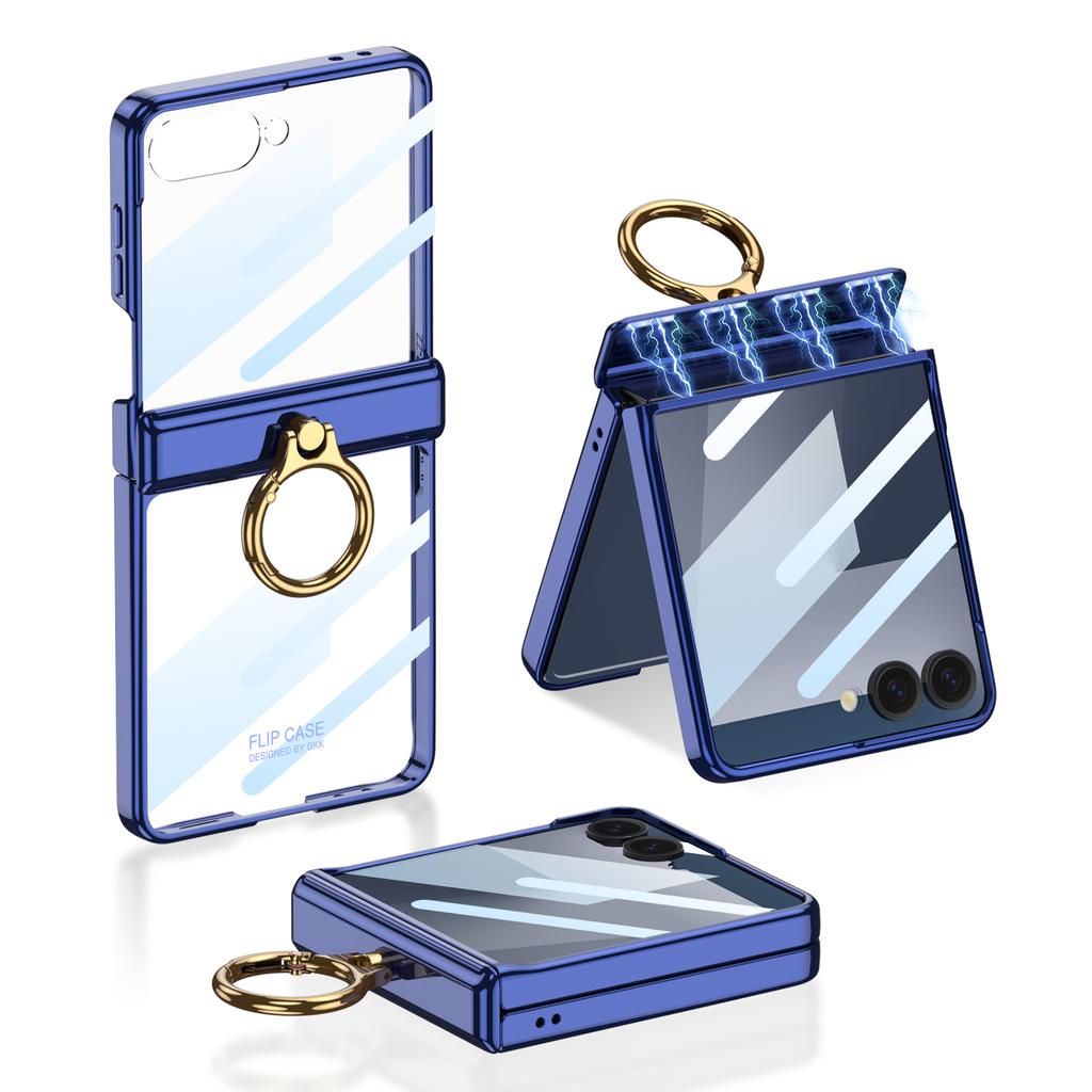 Luxury Plating Magnetic Hinge Case for Samsung Galaxy Z Flip 7 6 5 Screen Glass Ring Holder Hard Cover for Galaxy Z Flip7 Case