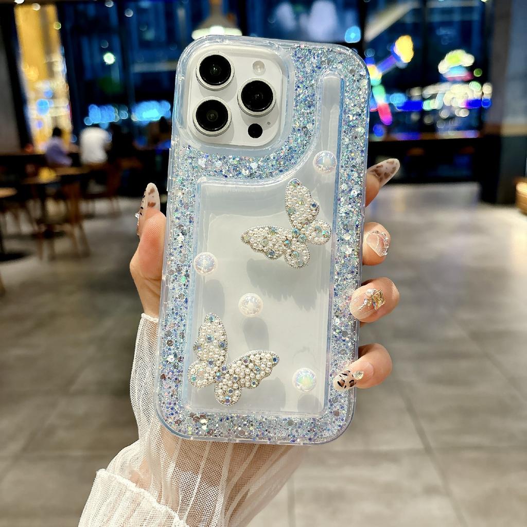 For iPhone 16 Pro Case with Case with Pearl Butterfly Decor Glitter Rhinestone Epoxy Design TPU Phone Cover