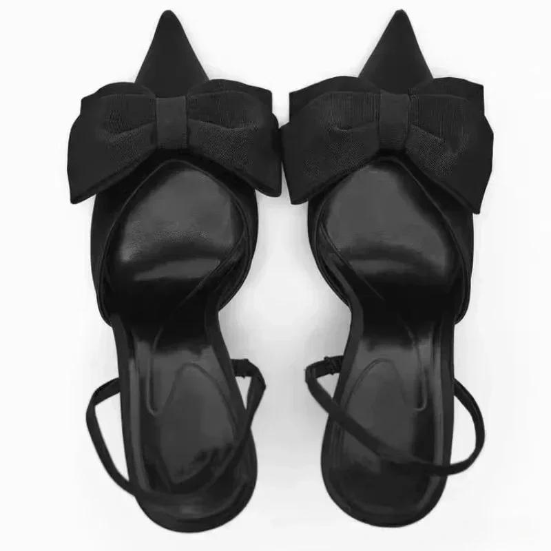 Fashion Elegant Satin Bow Designer Women Pumps Sexy Pointed Toe Back Strap Thin High Heels Summer Cozy Heeled Sandals Party Dress Shoes