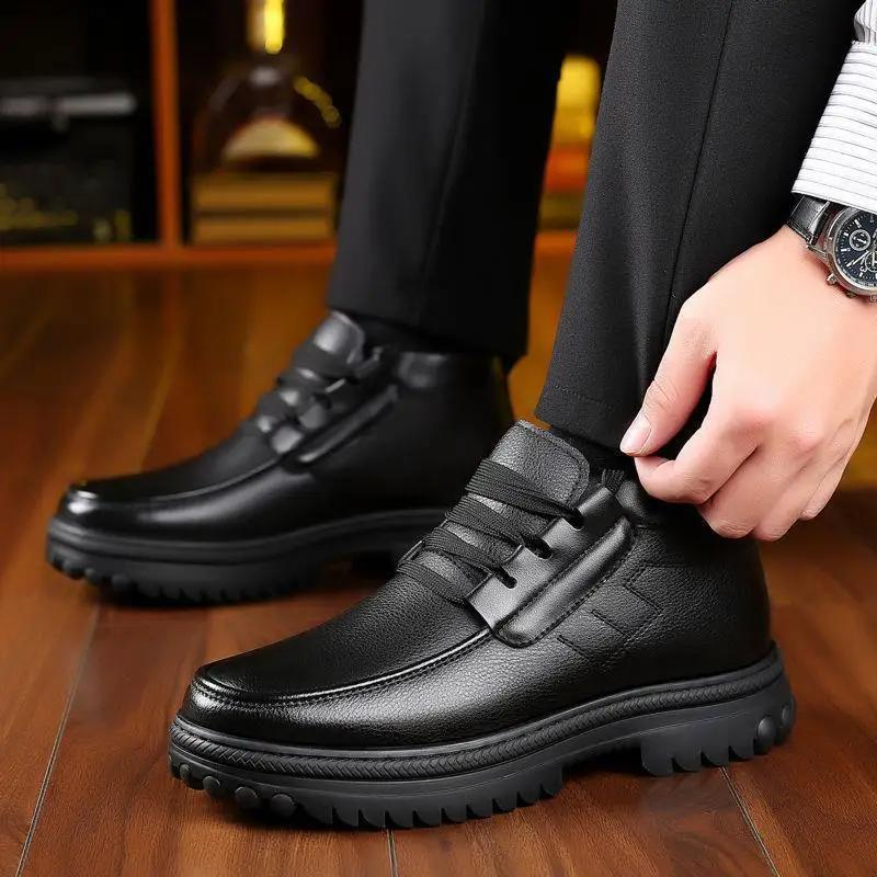 Black Male Winter Shoes Ankle Lace Up Men's Snow Boots Booties Fashion Casual Footwear Work Thick Plush New In Waterproof Fur