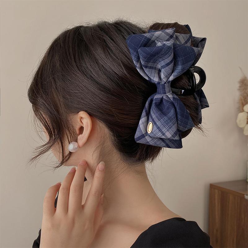Retro Plaid Shark Clip Korean Temperament Bow Ponytail Clip Hair Accessories