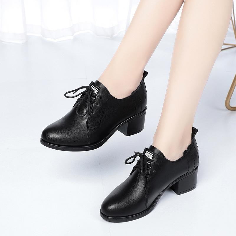 Fashion Spring Autumn Deep Mouth New Fashion Casual Women's Solid  Lace Up Round Toe Chunky Heel Soft Leather Bottom  Single Shoes