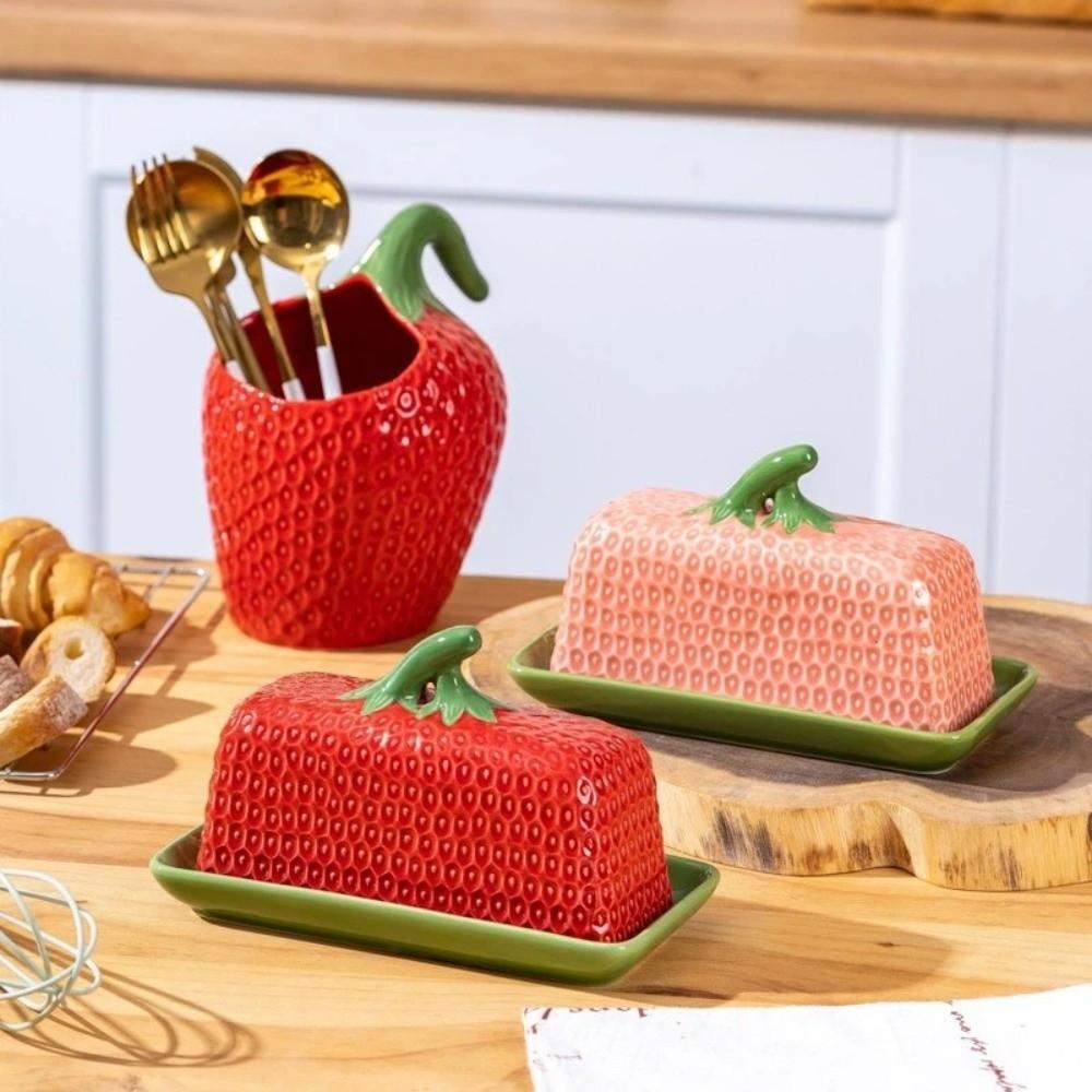 Strawberry Shape Butter Freshness Jar Ceramic Chopstick Tube Butter Box Butter Dish Restaurant