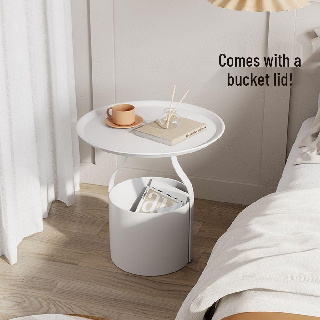 Home Wrought Iron Bedside Table & Storage Bucket - Light Luxury Small Corner Coffee Table