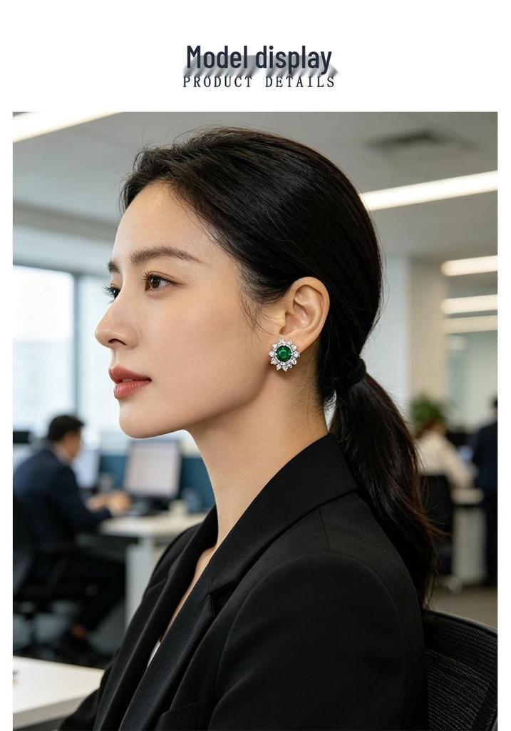 Zhou Hengfu S925 Sterling Silver Emerald Earrings - European & American Simple Fashion Light Luxury